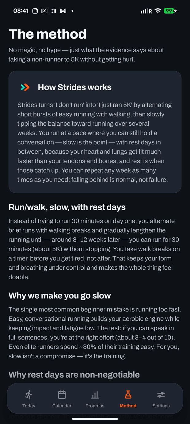 The method screen explaining run/walk training with cited scientific facts.