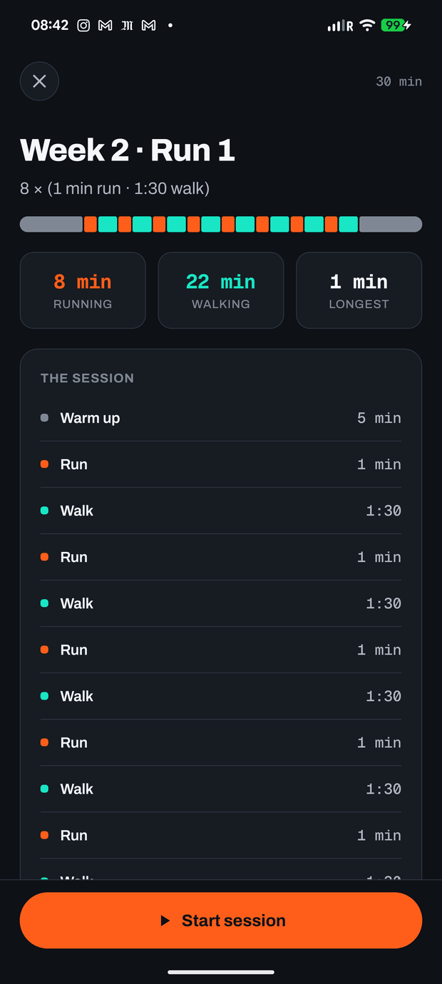 A session breakdown showing alternating one-minute runs and ninety-second walks.